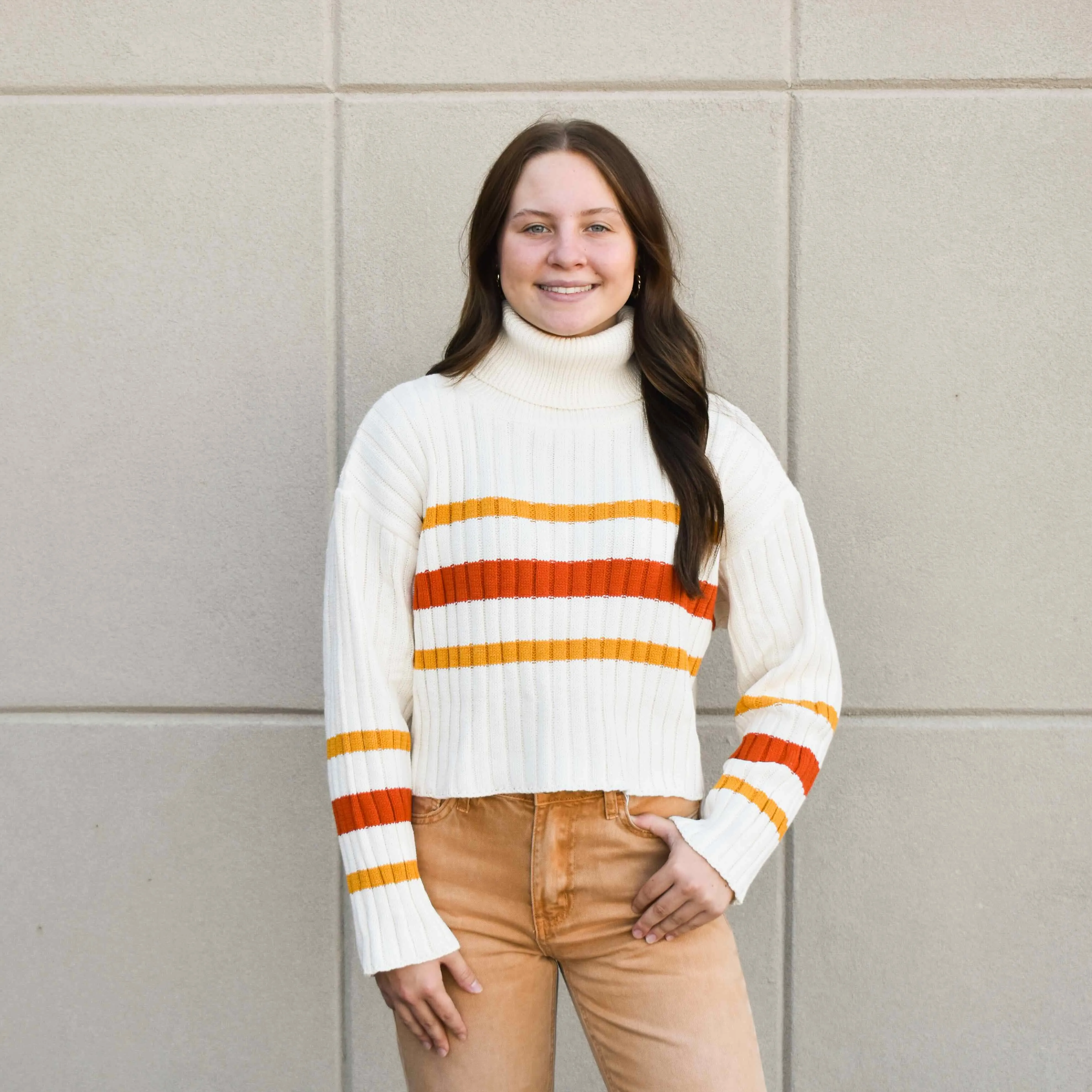 Elena Cream Multi Stripe Loose Turtleneck Crop Sweater
