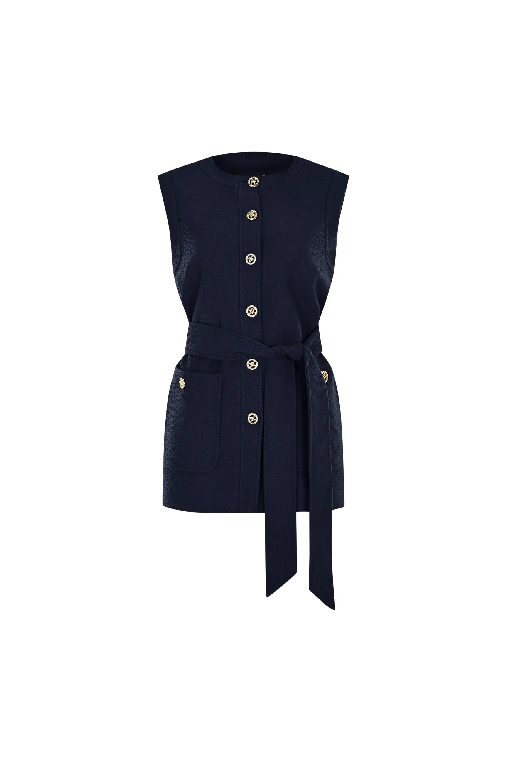 Exquise Phoenix Navy Structured Belted Vest With Embossed Buttons