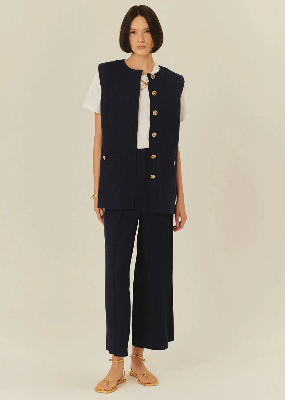 Exquise Phoenix Navy Structured Belted Vest With Embossed Buttons