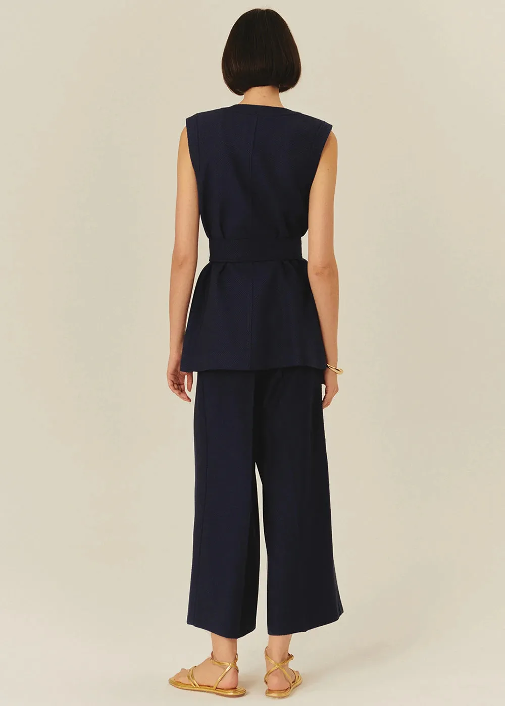 Exquise Phoenix Navy Structured Belted Vest With Embossed Buttons