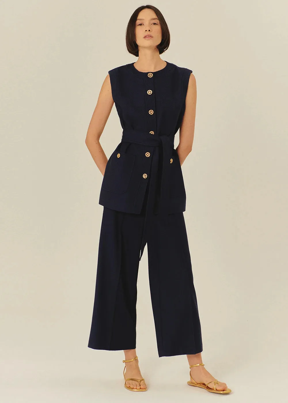 Exquise Phoenix Navy Structured Belted Vest With Embossed Buttons