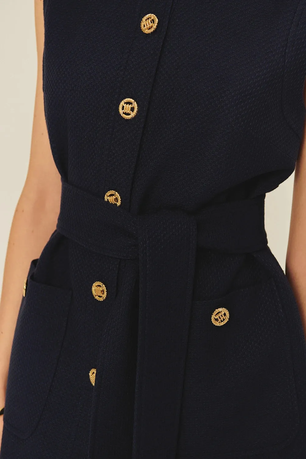 Exquise Phoenix Navy Structured Belted Vest With Embossed Buttons