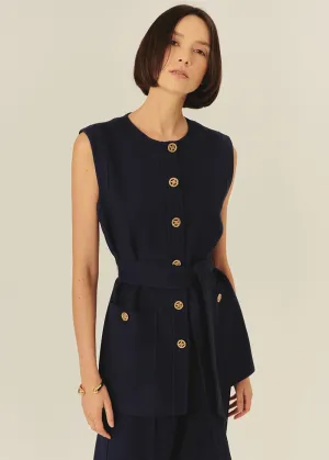 Exquise Phoenix Navy Structured Belted Vest With Embossed Buttons