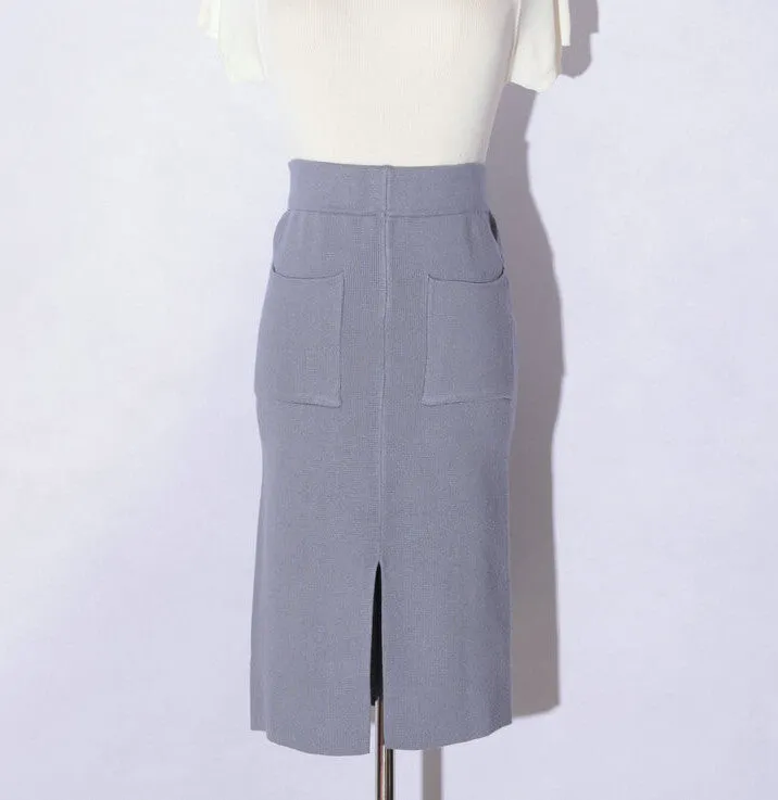 fashion all-match knitted skirt female body slim package hip skirt slit pocket skirt