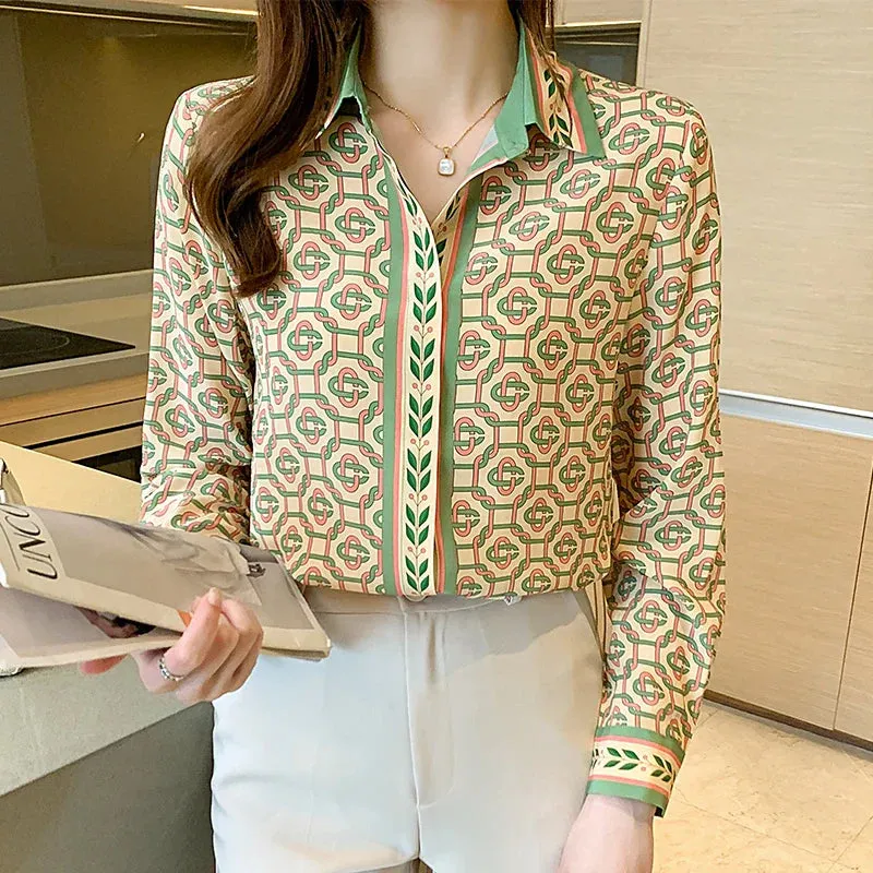 Fashion flower print shirts Women's Blouses Long Sleeve Button-Down Tops