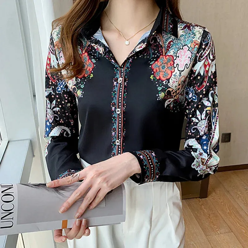 Fashion flower print shirts Women's Blouses Long Sleeve Button-Down Tops