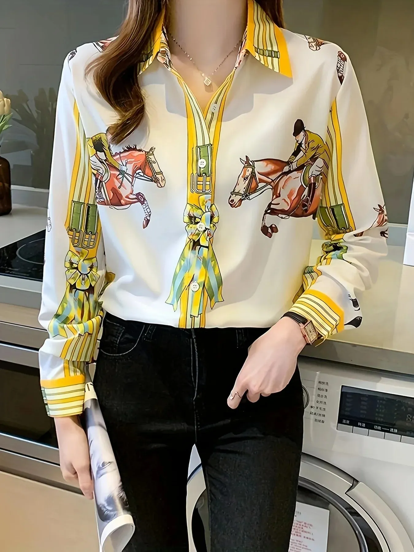 Fashion flower print shirts Women's Blouses Long Sleeve Button-Down Tops