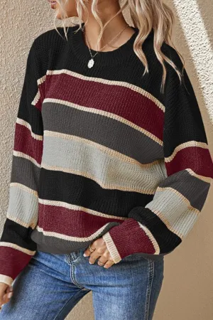 Fashion Striped Patchwork O Neck Sweaters(3 Colors)