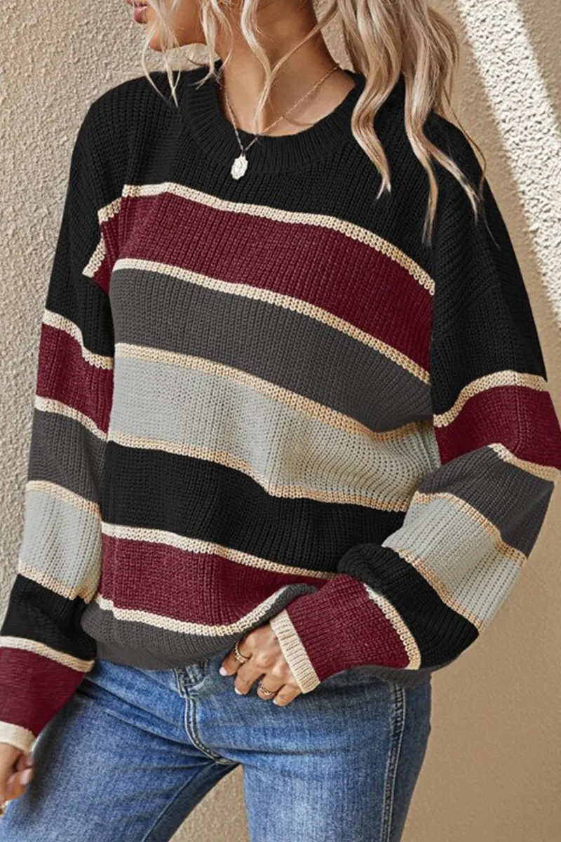 Fashion Striped Patchwork O Neck Sweaters(3 Colors)