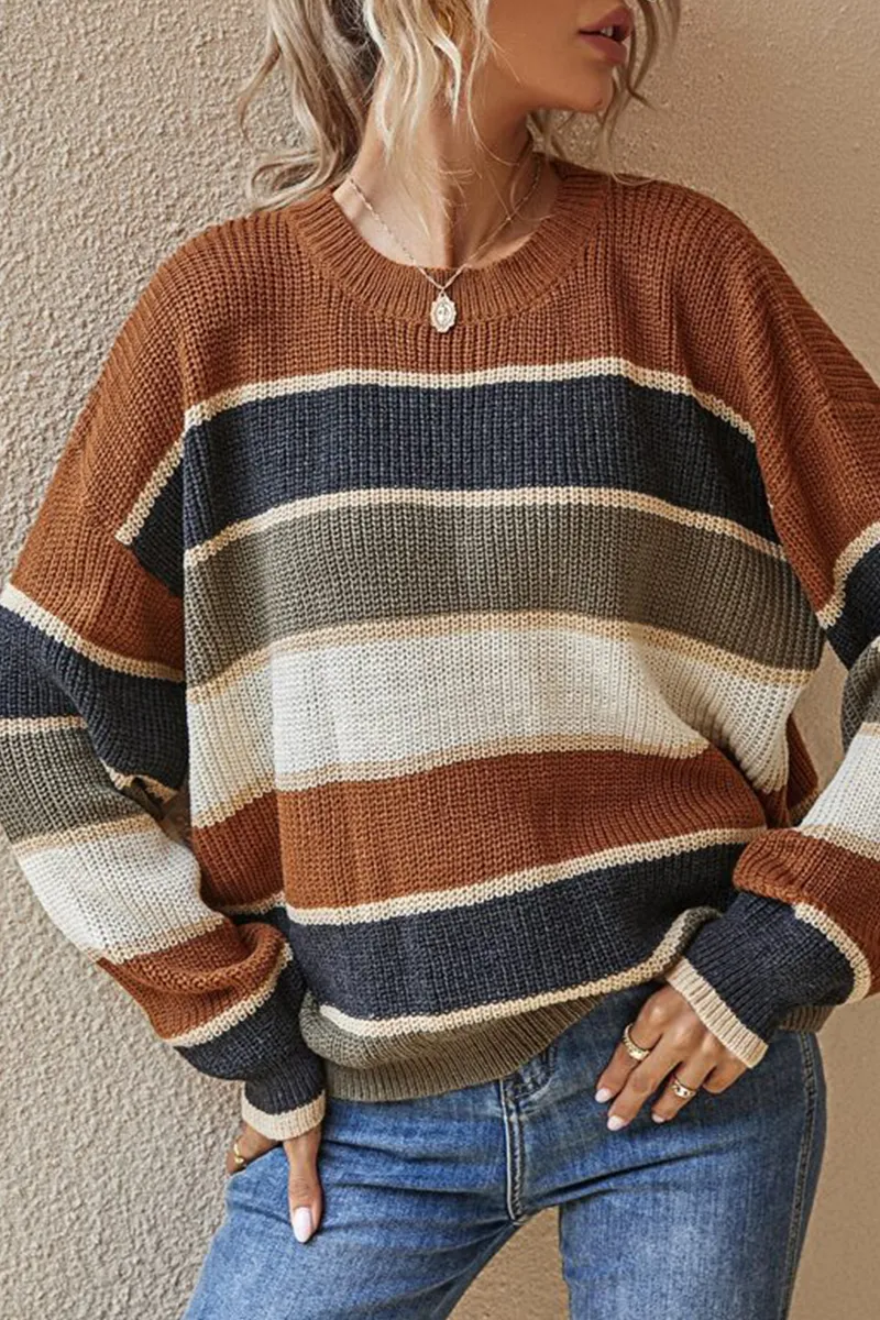 Fashion Striped Patchwork O Neck Sweaters(3 Colors)