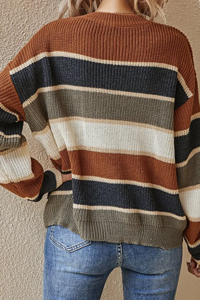 Fashion Striped Patchwork O Neck Sweaters(3 Colors)
