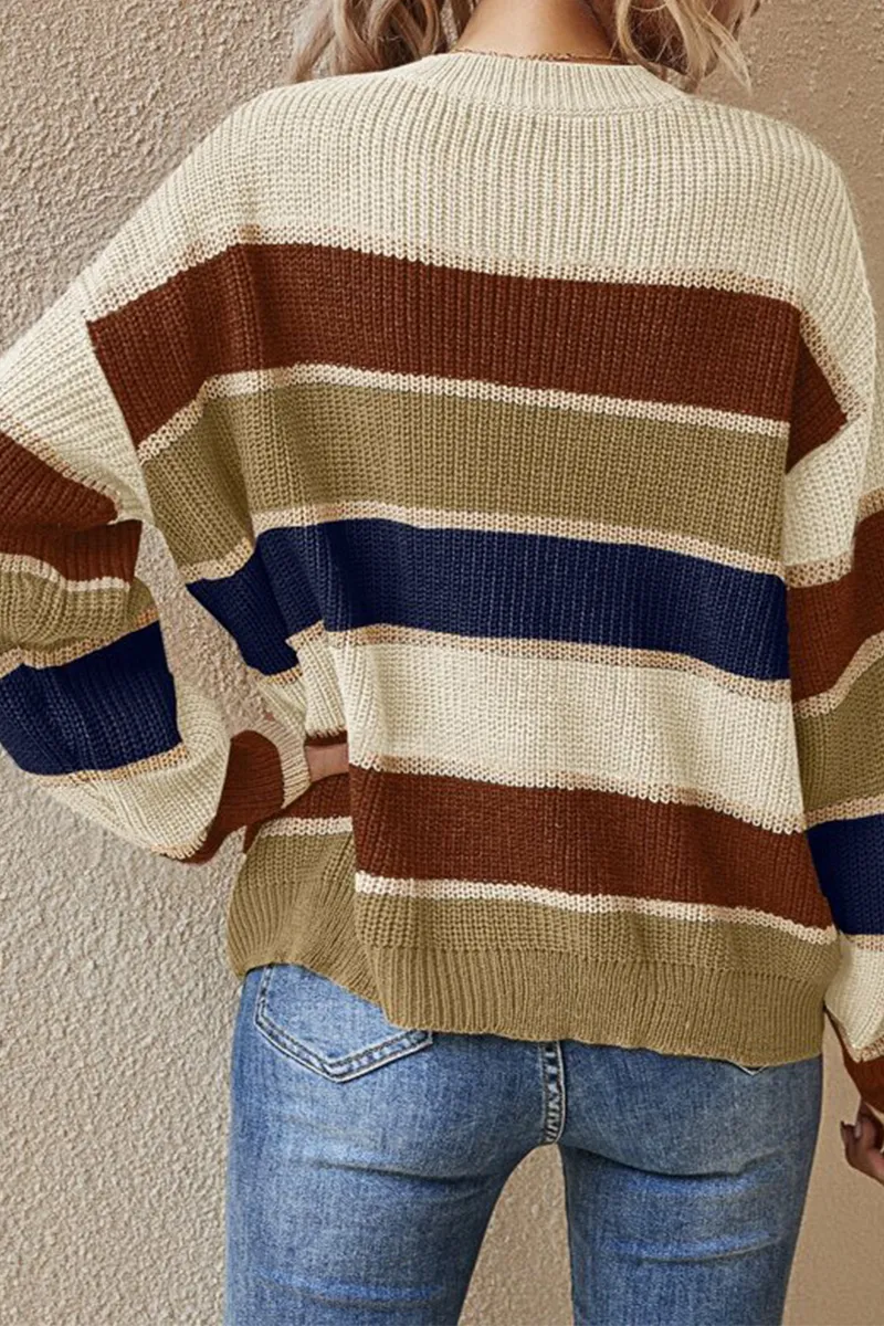Fashion Striped Patchwork O Neck Sweaters(3 Colors)