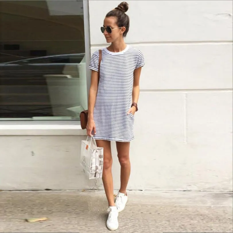 Fashion Women Dress Striped Printed Mini Party Dresses For Girls Summer Cotton Short Sleeve Casual Lady Dress Vestidos