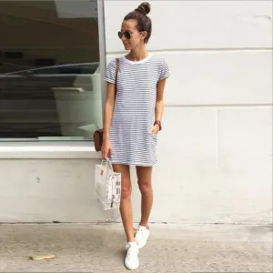 Fashion Women Dress Striped Printed Mini Party Dresses For Girls Summer Cotton Short Sleeve Casual Lady Dress Vestidos