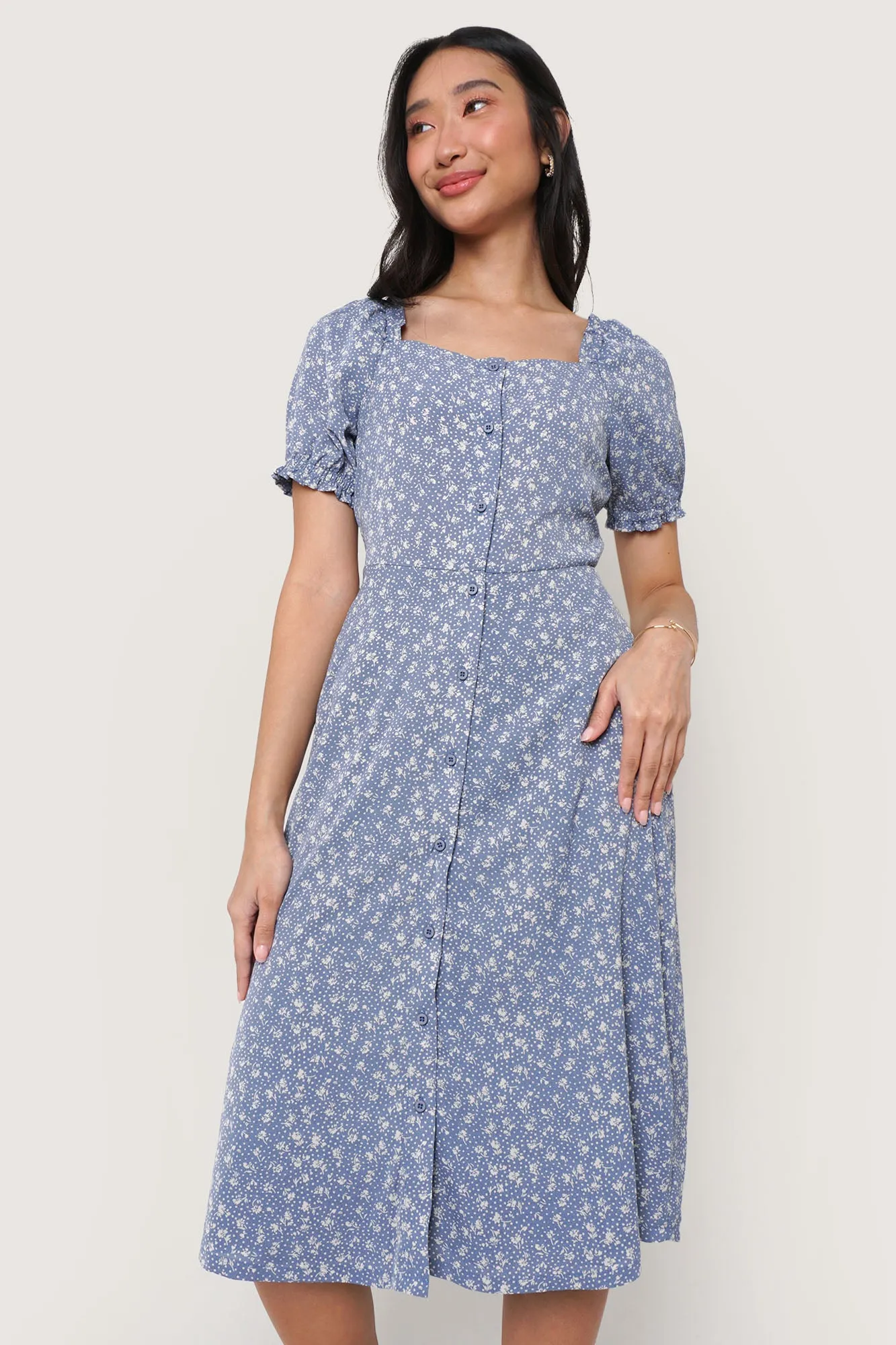 Floral All Over Print Square Neck Puff Sleeve Dress