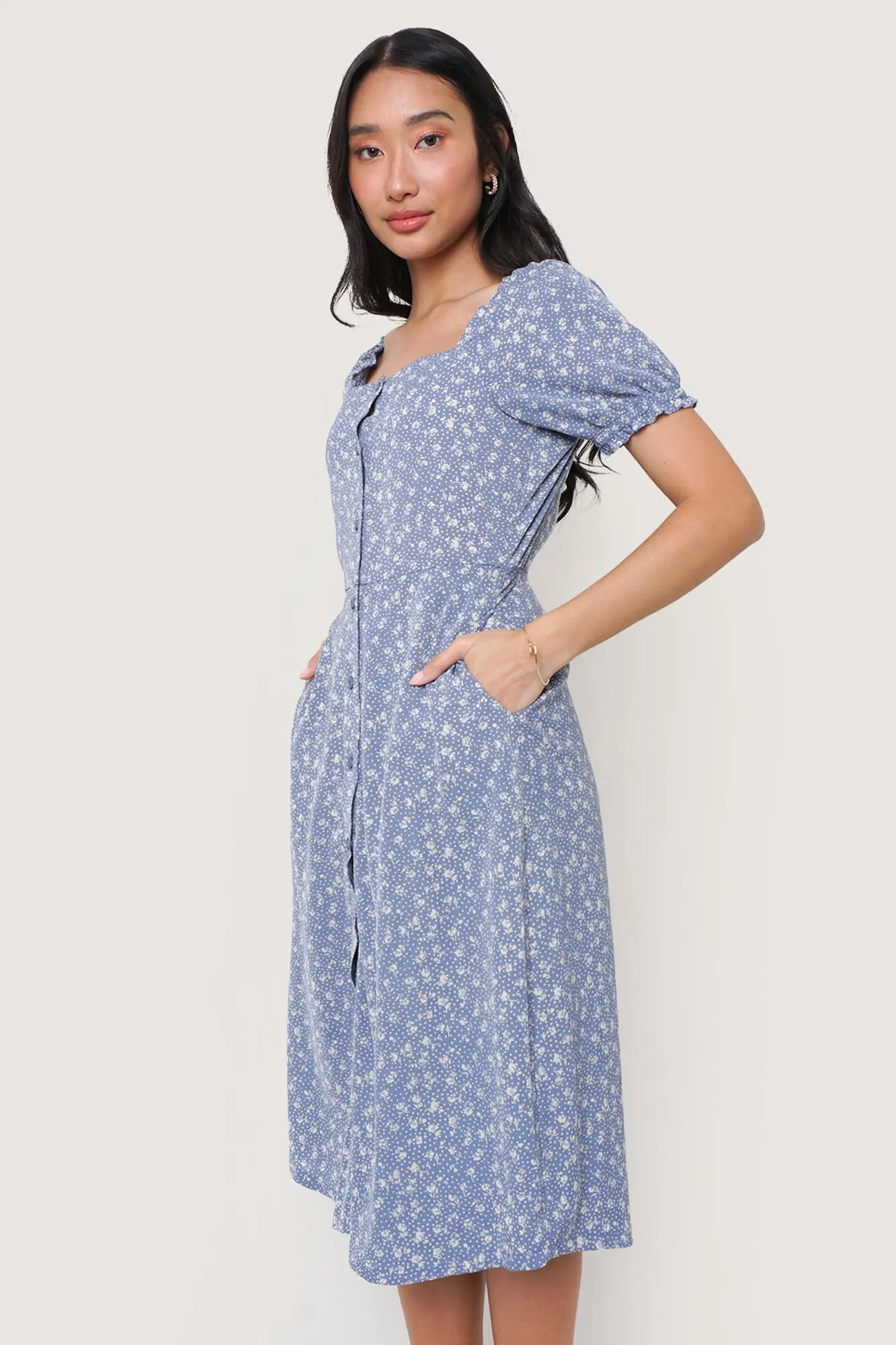 Floral All Over Print Square Neck Puff Sleeve Dress