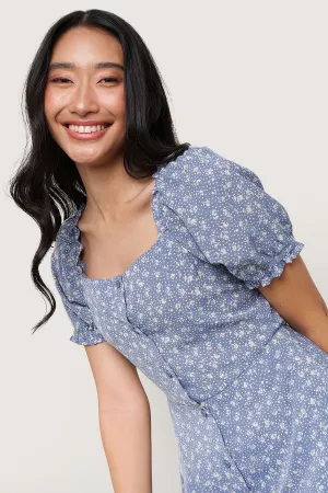Floral All Over Print Square Neck Puff Sleeve Dress