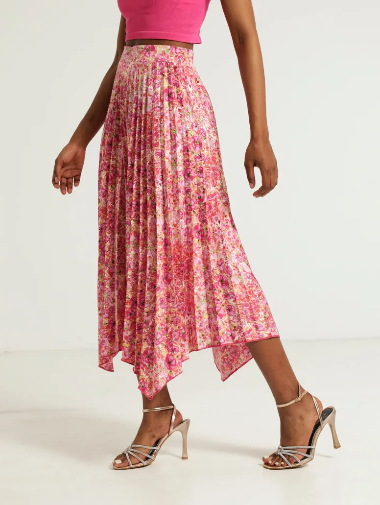 Floral Blooms Hankey Hem Pleated Skirt - Multi