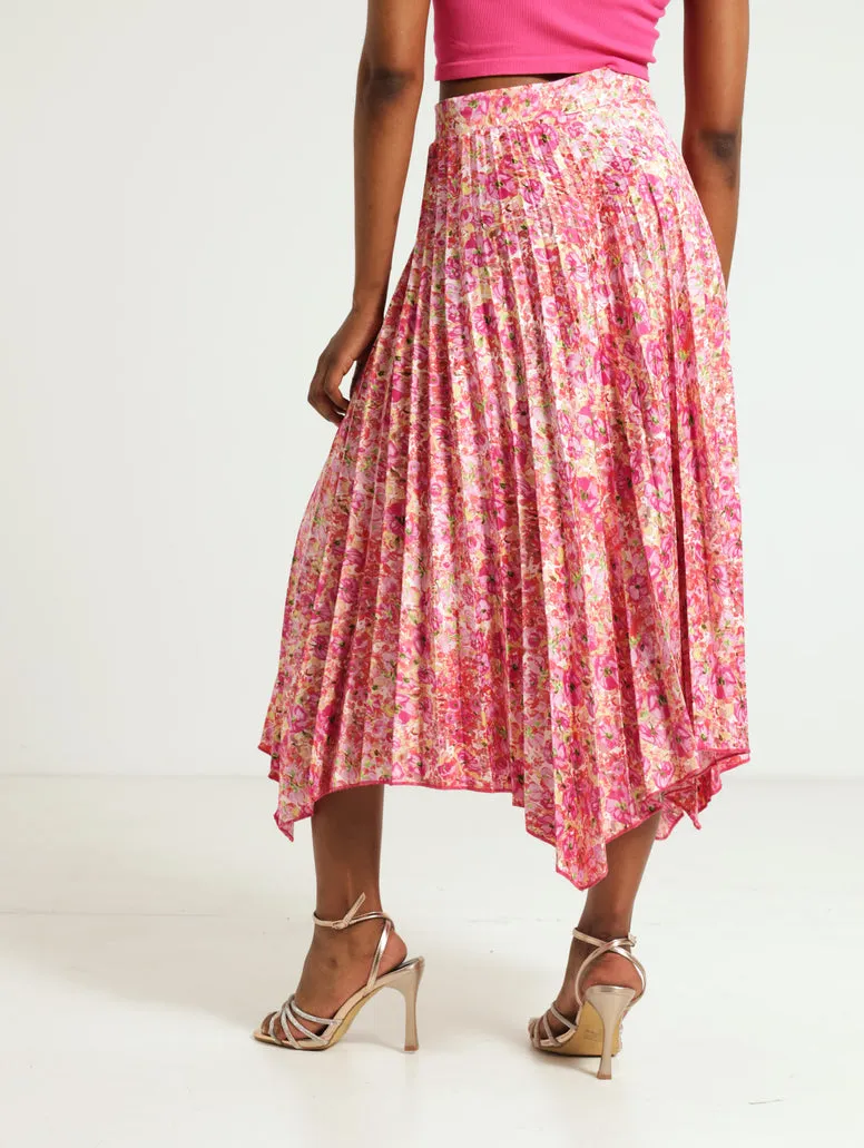 Floral Blooms Hankey Hem Pleated Skirt - Multi