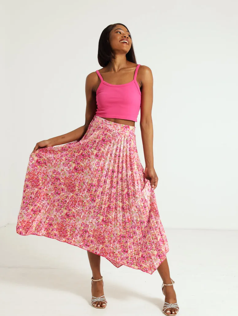 Floral Blooms Hankey Hem Pleated Skirt - Multi