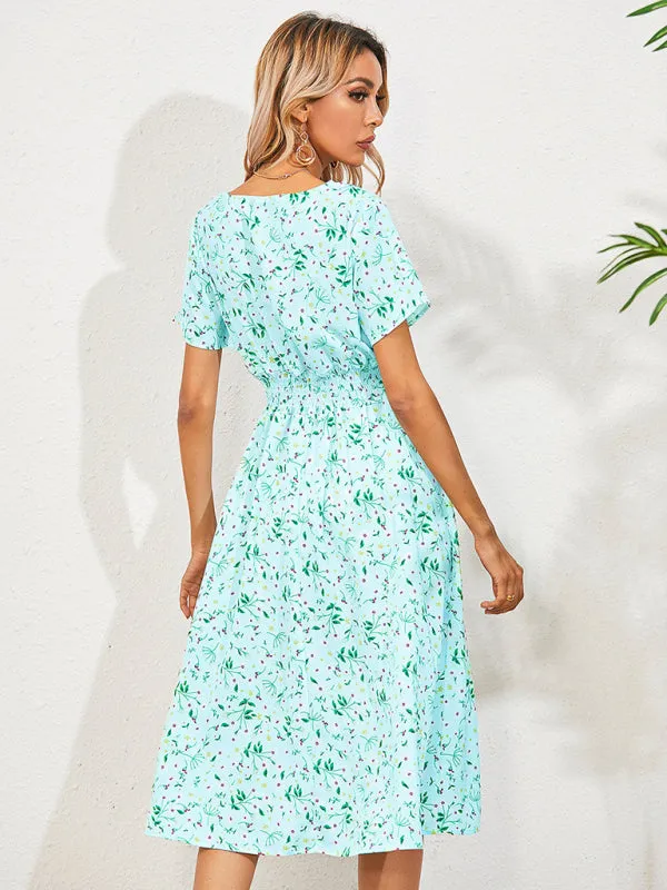 Floral Print Midi Dress with Square Neck and Fitted Waist