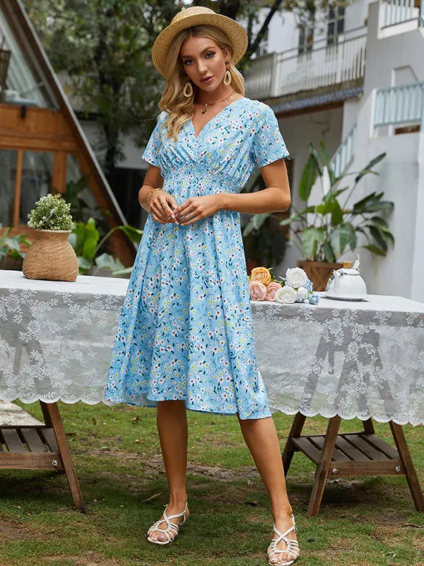 Floral Print Midi Dress with Square Neck and Fitted Waist