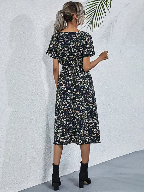 Floral Print Midi Dress with Square Neck and Fitted Waist
