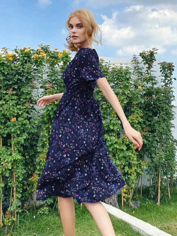 Floral Print Midi Dress with Square Neck and Fitted Waist