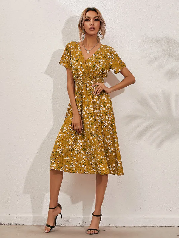 Floral Print Midi Dress with Square Neck and Fitted Waist