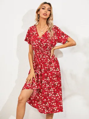 Floral Print Midi Dress with Square Neck and Fitted Waist