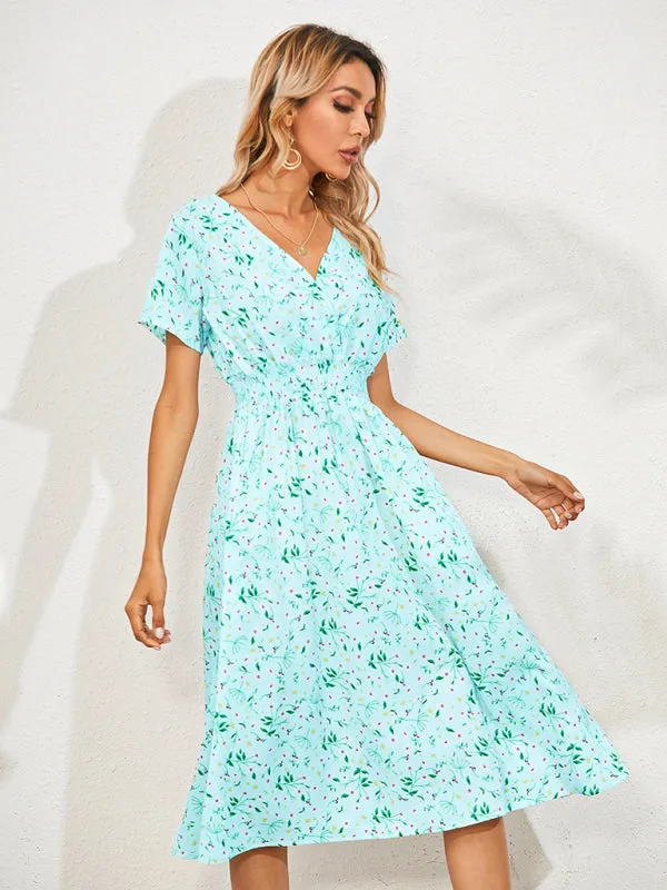 Floral Print Midi Dress with Square Neck and Fitted Waist