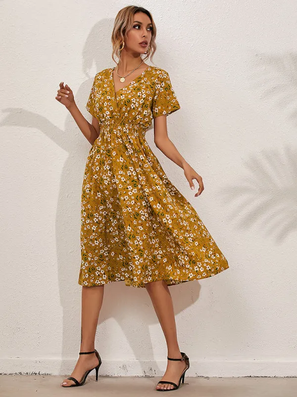 Floral Print Midi Dress with Square Neck and Fitted Waist