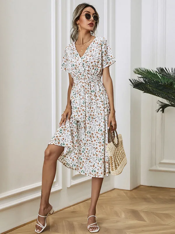 Floral Print Midi Dress with Square Neck and Fitted Waist