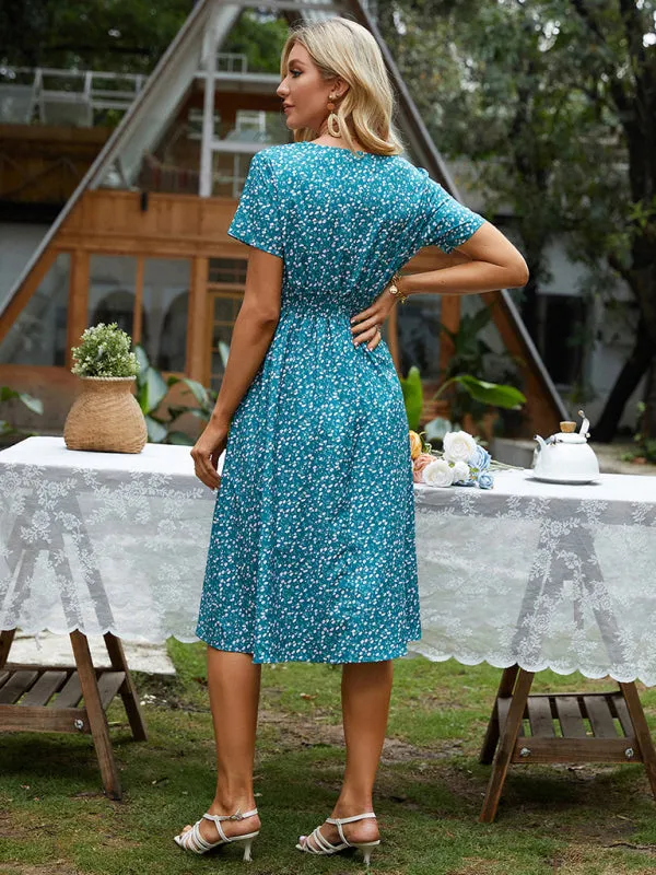 Floral Print Midi Dress with Square Neck and Fitted Waist
