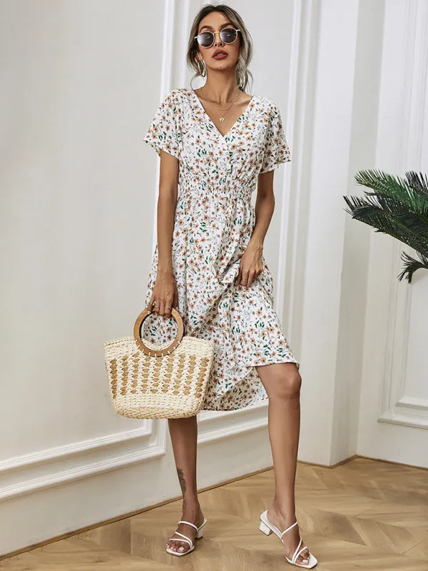 Floral Print Midi Dress with Square Neck and Fitted Waist