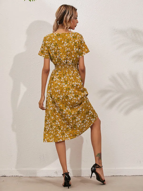 Floral Print Midi Dress with Square Neck and Fitted Waist