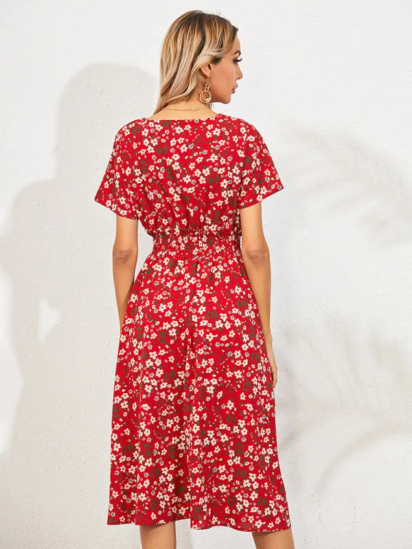Floral Print Midi Dress with Square Neck and Fitted Waist