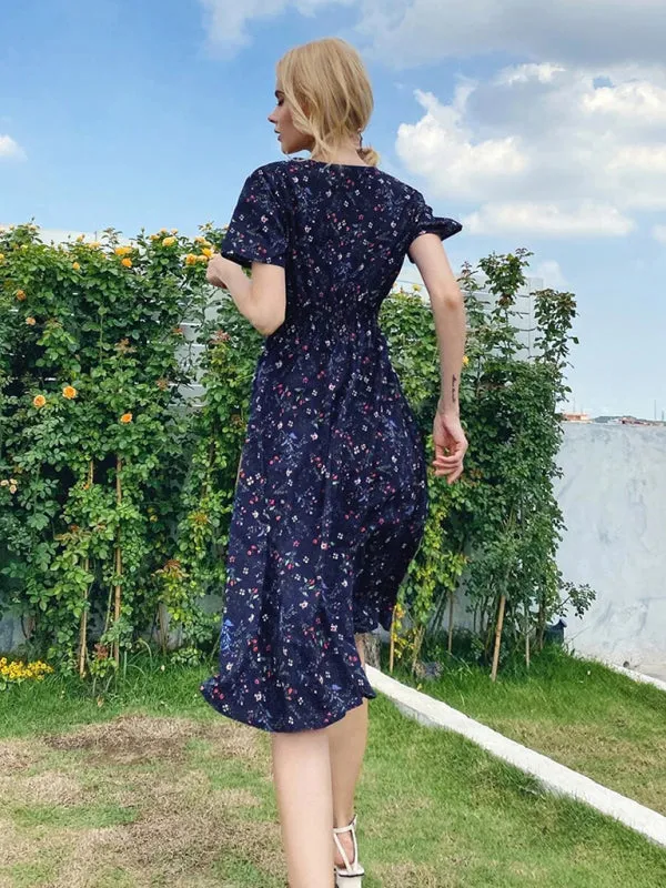 Floral Print Midi Dress with Square Neck and Fitted Waist