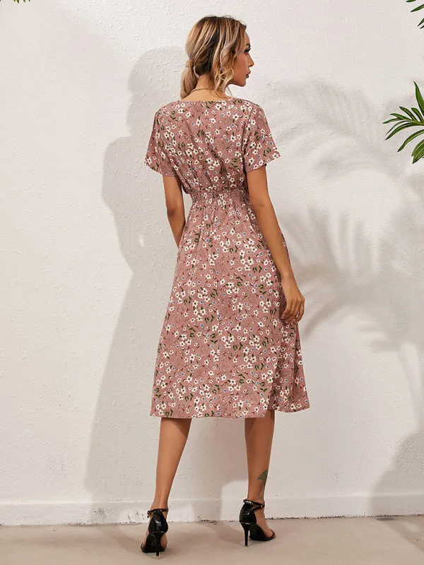 Floral Print Midi Dress with Square Neck and Fitted Waist