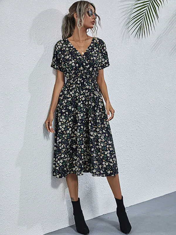 Floral Print Midi Dress with Square Neck and Fitted Waist