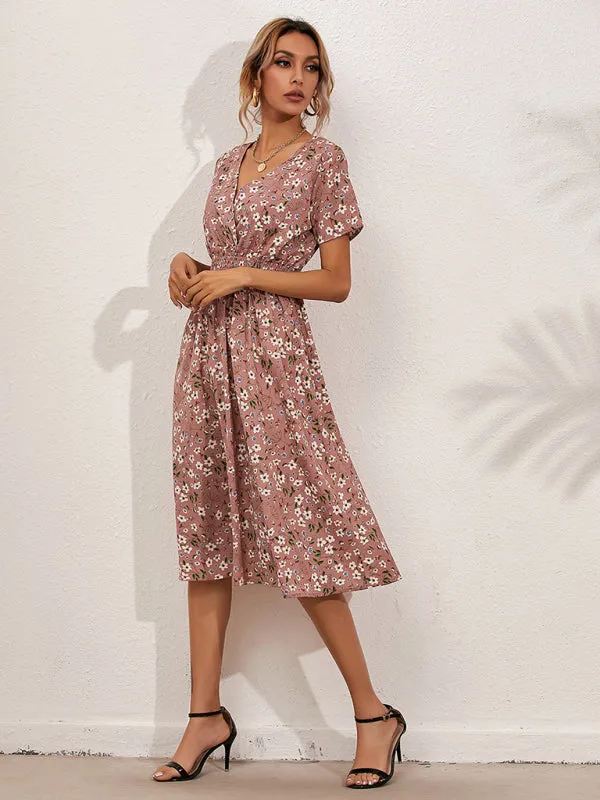 Floral Print Midi Dress with Square Neck and Fitted Waist