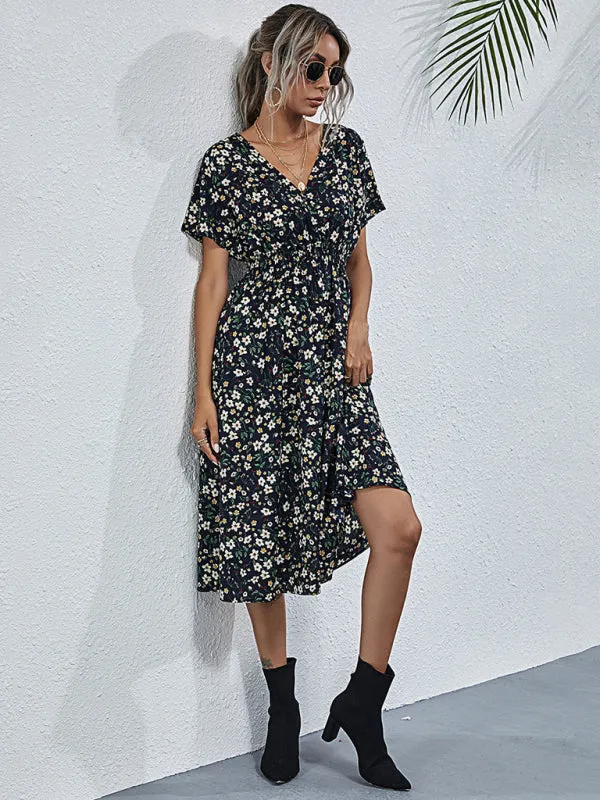 Floral Print Midi Dress with Square Neck and Fitted Waist