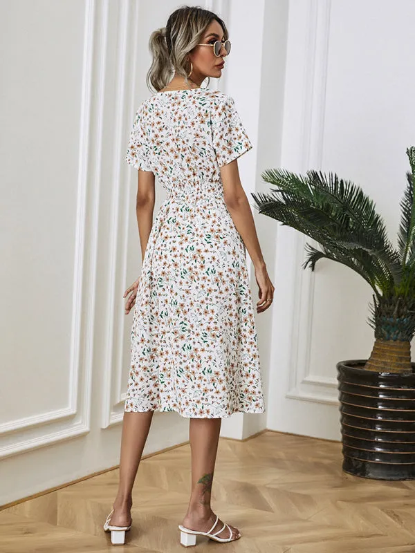 Floral Print Midi Dress with Square Neck and Fitted Waist