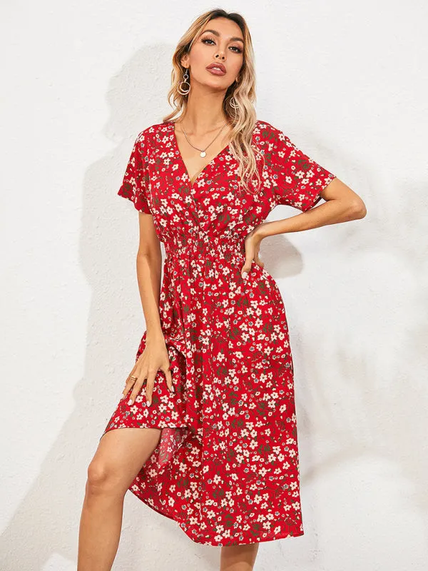 Floral Print Midi Dress with Square Neck and Fitted Waist