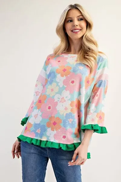 Floral Ruffle Hem Round Neck Blouse – Pretty, Feminine, and Perfect for Any Day