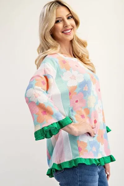 Floral Ruffle Hem Round Neck Blouse – Pretty, Feminine, and Perfect for Any Day