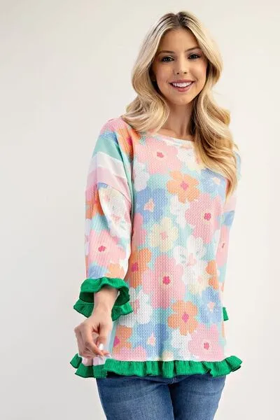 Floral Ruffle Hem Round Neck Blouse – Pretty, Feminine, and Perfect for Any Day