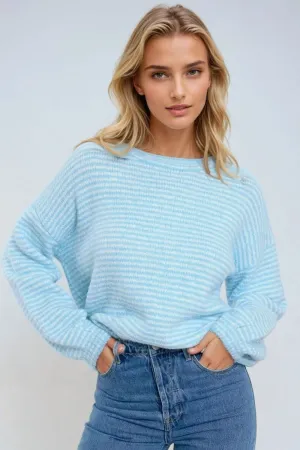 Fluffy striped sweater in baby blue