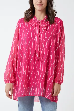 Geometric Print Ruffle Tie Blouse