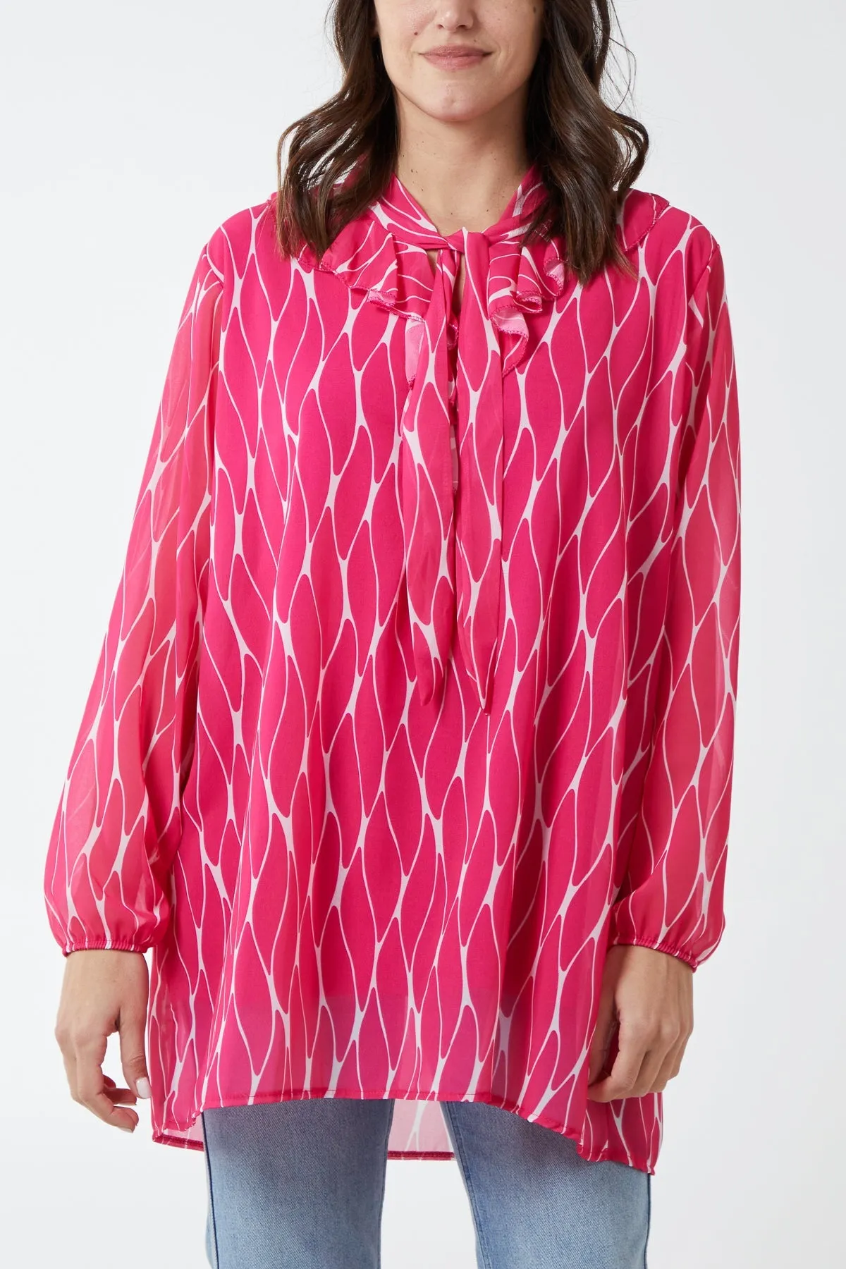 Geometric Print Ruffle Tie Blouse